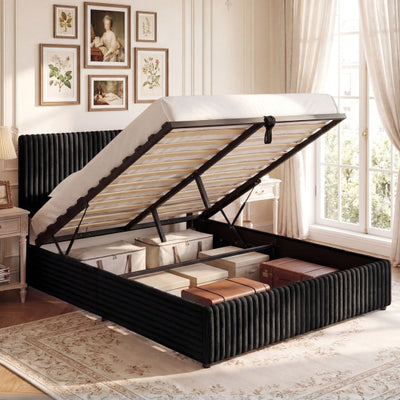 Queen Size Lift-up Storage Bed with Wooden Slat Support-Black