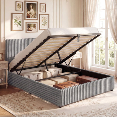 Queen Size Lift-up Storage Bed with Wooden Slat Support-Gray