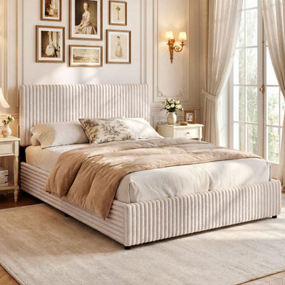 Queen Size Lift-up Storage Bed with Wooden Slat Support-Beige