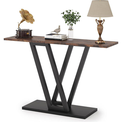 Modern 43-inch Narrow Entryway Table with Brown Wood Top and Black Metal Frame