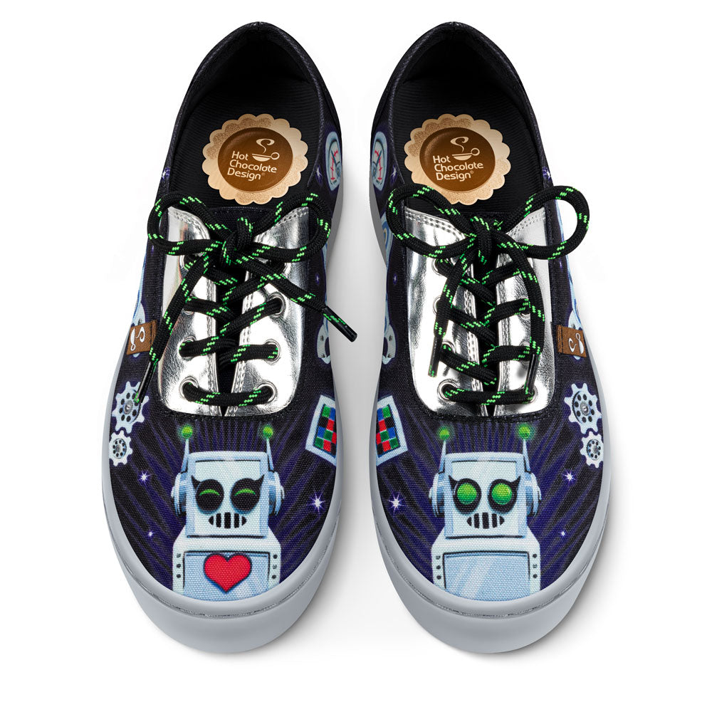 Pair of sneakers with robot design and Hot Chocolate Design label on a white background