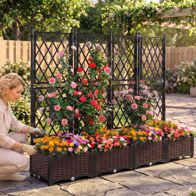 Raised Garden Bed with Lattice Trellis Drainage Self-Watering Elevated Vertical Planter Boxes-Black