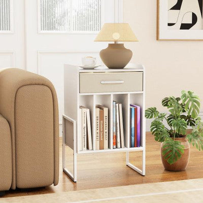 Record Player Stand with Drawer and Record Holder-White