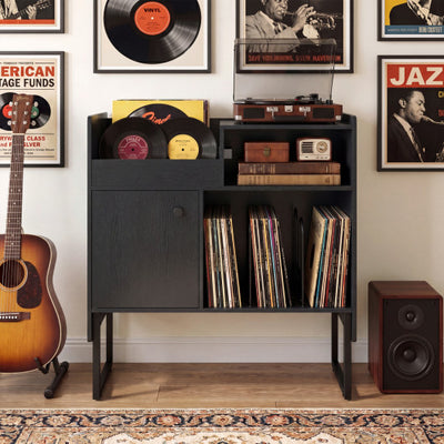 Record Player Stand with Power Outlets and Vinyl Storage Holder up to 250 Albums-Black