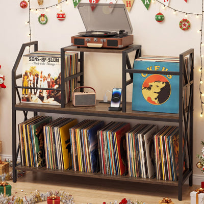 Record Player Stand with Power Outlets and Vinyl Storage and Dividers for Albums-Rustic Brown