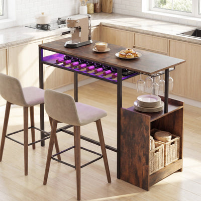 Rectangular Bar Table with Charging Station and LED Light-Rustic Brown