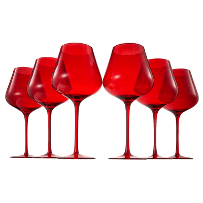 Colored Crystal Wine Glass Set of 6, Gift For Hosting, Her, Wife, Mom Friend - Large 20 oz Glasses, Unique Italian Style Tall Drinkware - Red & White, Dinner, Color Beautiful Glassware - (Bright Red)