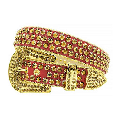 Gold Reddish Pink Strap Rhinestone Belt