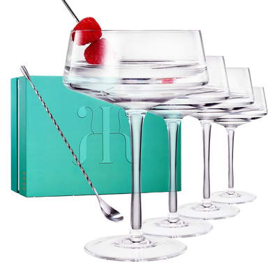 Luxury Martini Glass Set of 4 | 10oz | Crystal Luxury Martini with Silver Spoon, Premium Hand-Blown | Classic Cocktail & Champagne Clear Coupes For Manhattan, Cosmopolitan, Sidecar, Speakeasy Goblets