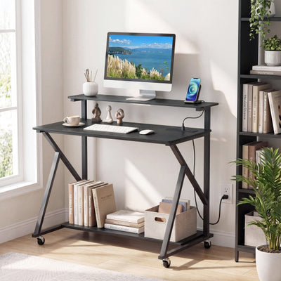 Rolling Computer Desk with Charging Station and Monitor Shelf Storage for Home Office-Black