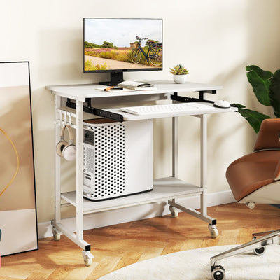 Rolling Laptop Table with Pull-out Keyboard Tray and Hooks-White