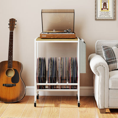 Rolling Record Player Stand 2-Tier with Vinyl Storage and Magazine Holder Bag-Natural