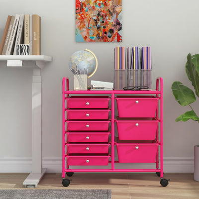 9-Drawer Rolling Storage Cart with Colorful Drawers and Metal Frame-Light Pink