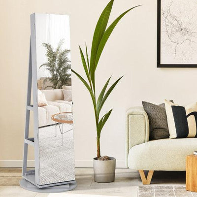 360° Rotating Mirrored Jewelry Cabinet Armoire 3 Color LED Modes Lockable-Gray