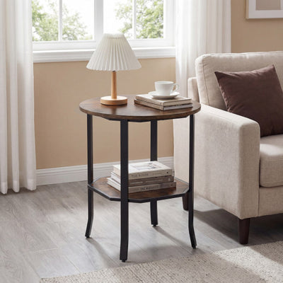Round Side Table Small End Table with Storage Shelf 2-Tier Nightstand for Small Space-Rustic Brown