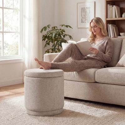 Round Storage Ottoman Foot Rest with Removable Lid and Acacia Wood Frame-Beige