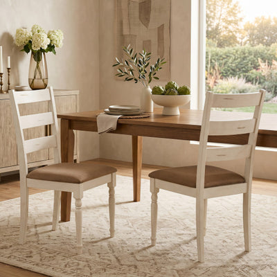 Rubber Wood Dining Chairs Set of 2 with Padded Linen Seat & Slatted Backrest-White