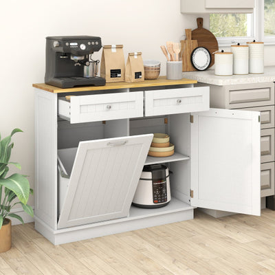 Rubber Wood Kitchen Trash Cabinet with Single Trash Can Holder and Adjustable Shelf-White