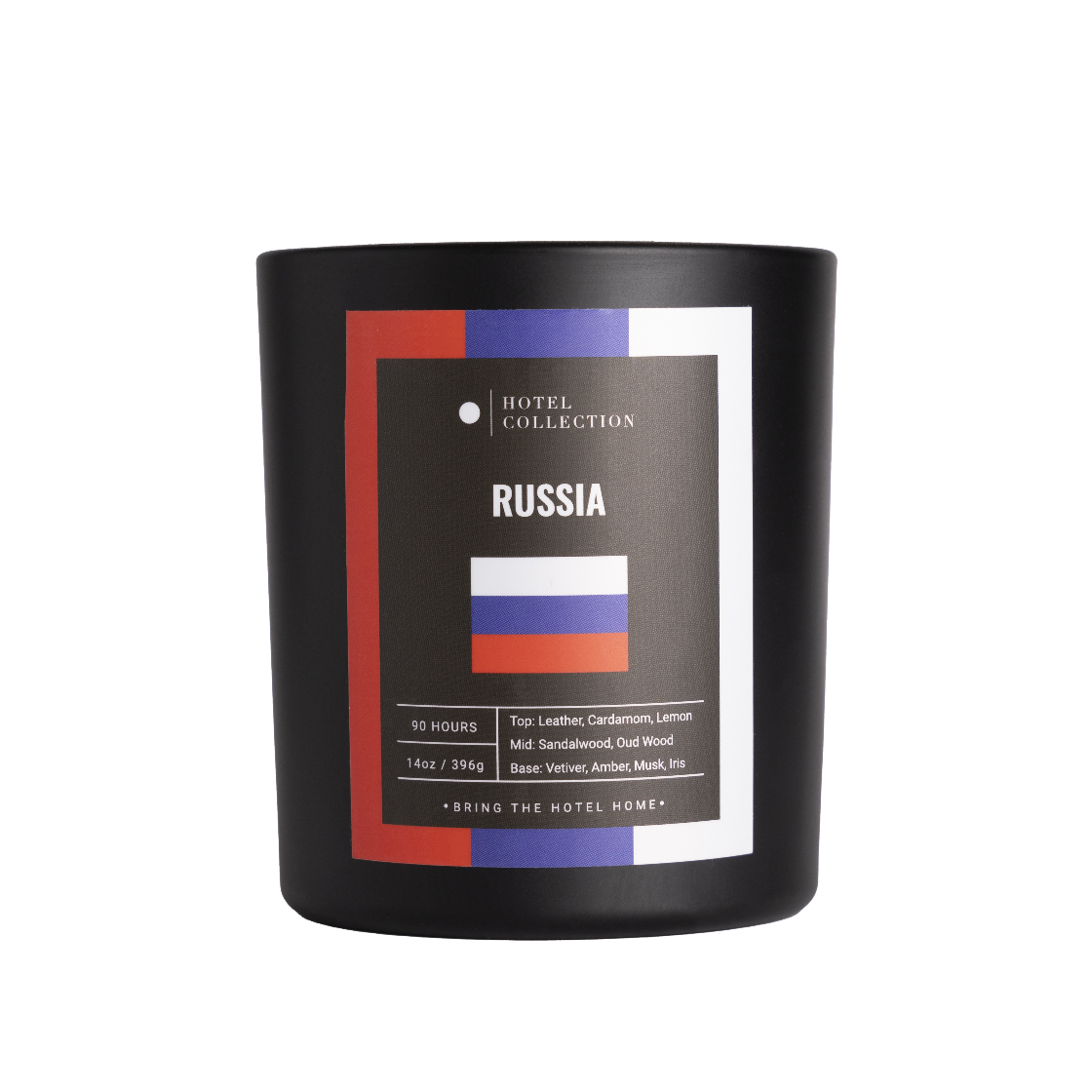 Black candle with 'Russia' label and Hotel Collection branding on a white background