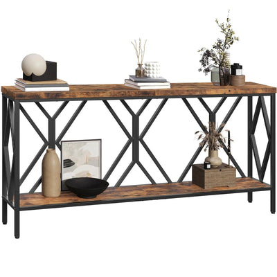 Rustic Brown And Black 70.9'' Extra Long Console Table, Industrial Sofa Table Behind Couch, 2 Tier Narrow Entryway Table with Storage Shelf, for Living Room