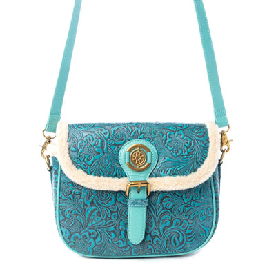 Myra Turquesa Rose Embossed Leather Crossbody Bag with Fur Accent in Cactus Bloom