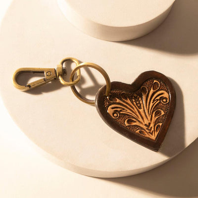 Myra Carved Heart Western Key Fob in dark brown with handtooled detail