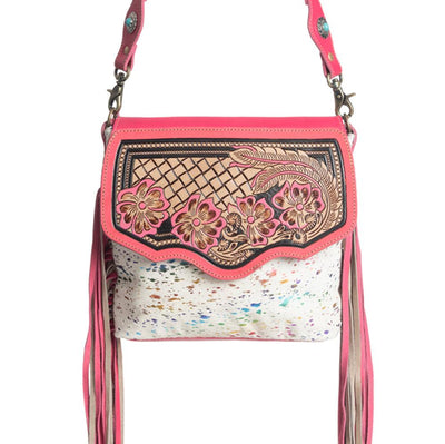 Myra Rosa Verde Hand Tooled Leather Sling Bag for Women – Pink Floral Western Flap, Fringe Sides, Speckled Print Body