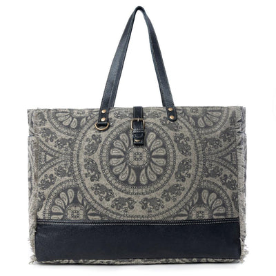 Myra Carmela Printed Canvas Weekender Bag – Leather Handles with Buckle Strap, Spacious Travel Tote for Western Getaways