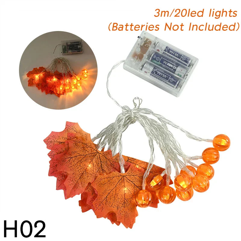 10/20 LED Pumpkin Maple Leaves Light String Fall Garland Battery Powered Indoor Outdoor Garden Halloween Thanksgiving Home Decor