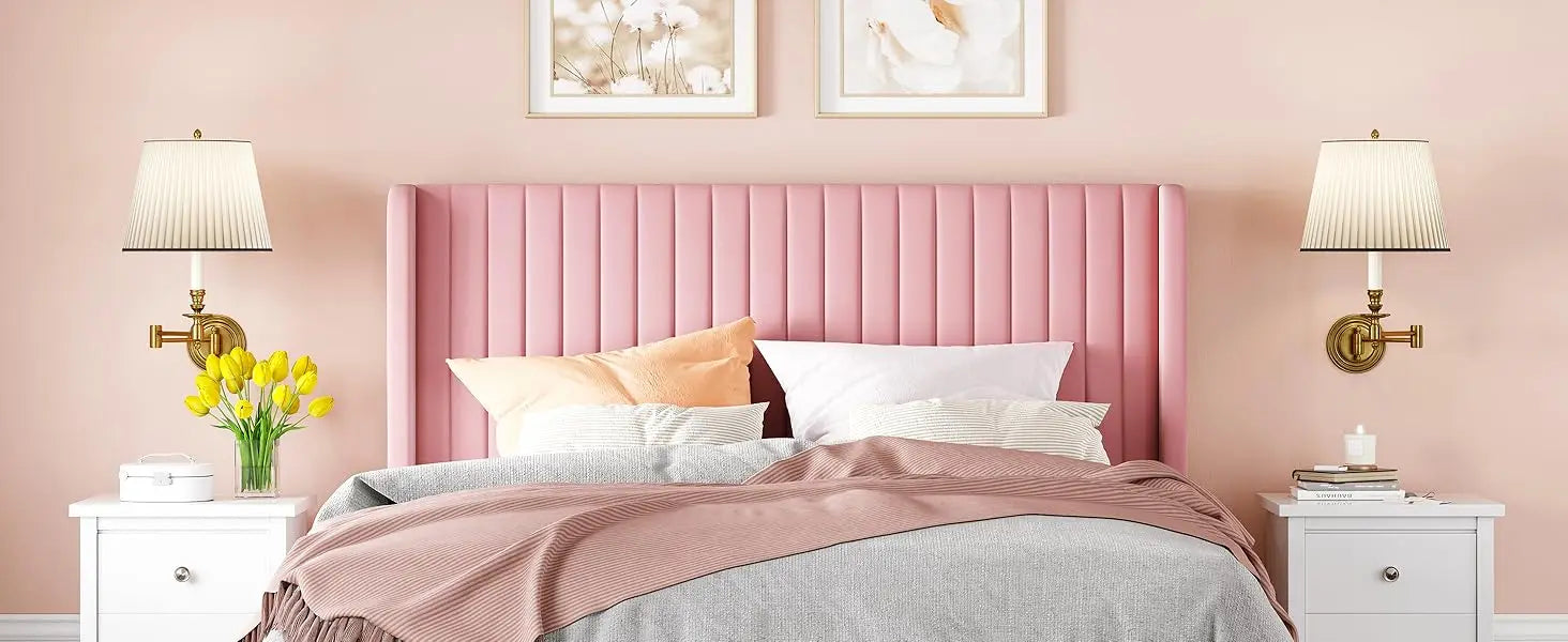 Full Size Velvet Bed Frame/Vertical Channel Tufted Wingback Headboard/Upholstered Platform Bed/Strong Wooden Slats/No Bo