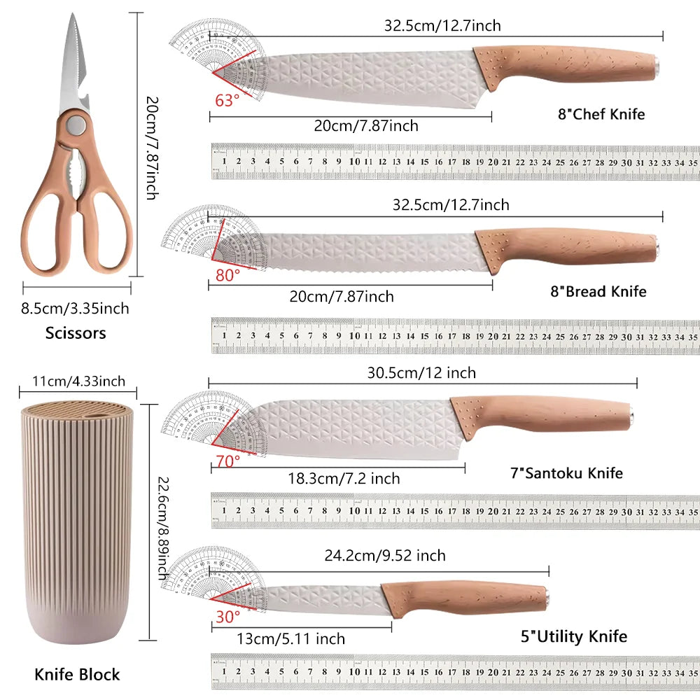 3CR13 Steel Kitchen Knife Set,pp Handle Chef knife Bread Santoku Utility Knife,Scissors,knives holder,beige grey 6pcs Gift box