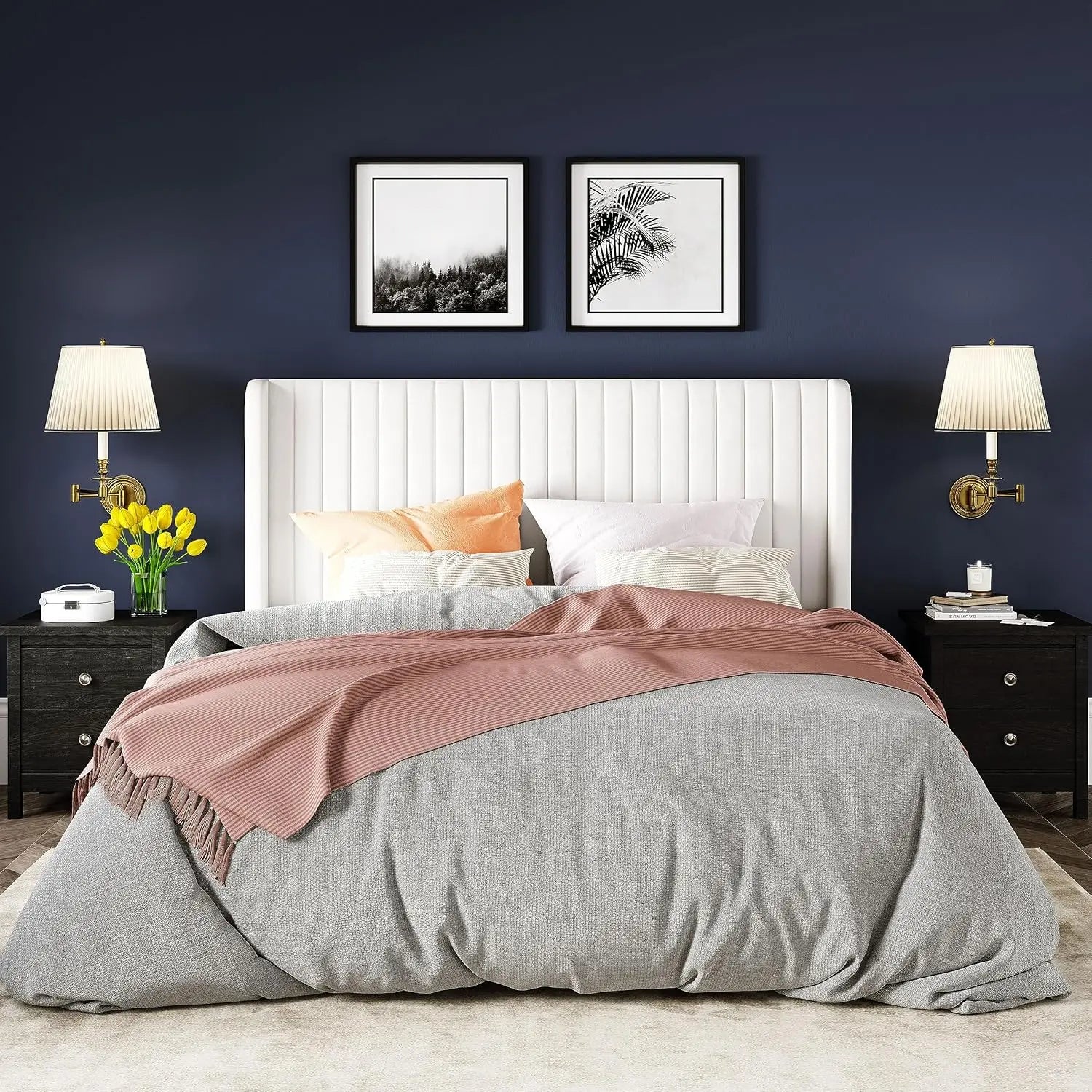 Full Size Velvet Bed Frame/Vertical Channel Tufted Wingback Headboard/Upholstered Platform Bed/Strong Wooden Slats/No Bo