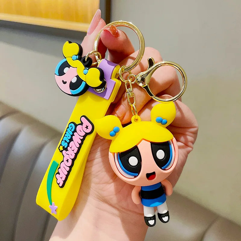 Cute Powerpuff Girls Figure Keychain Anime Cartoon Keyring Jewelry Pendent Car Key Accessories Ornament Toy Xmas Gift for Kids