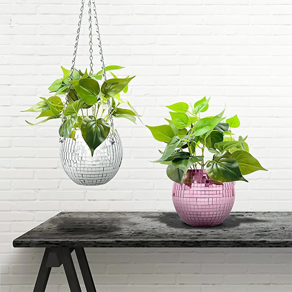 10CM Disco Ball Hanging Flower Pot Indoor Plants Bohemian Style Flower Planter Pots Rope Mirror Hanging Basket Garden Decor Vase