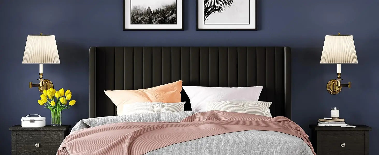 Full Size Velvet Bed Frame/Vertical Channel Tufted Wingback Headboard/Upholstered Platform Bed/Strong Wooden Slats/No Bo