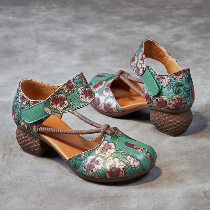 Genuine Leather Embossed Thick Heel Soft Soled Vintage Sandals
