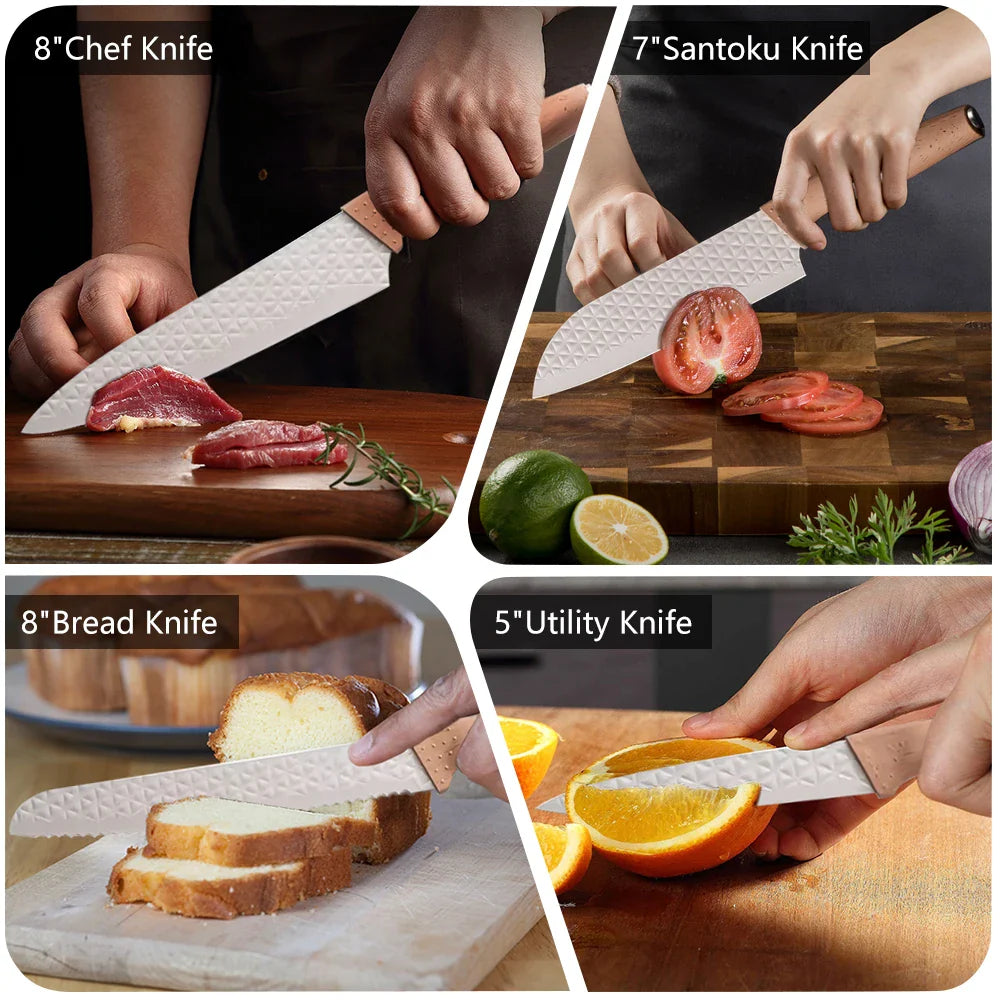 3CR13 Steel Kitchen Knife Set,pp Handle Chef knife Bread Santoku Utility Knife,Scissors,knives holder,beige grey 6pcs Gift box