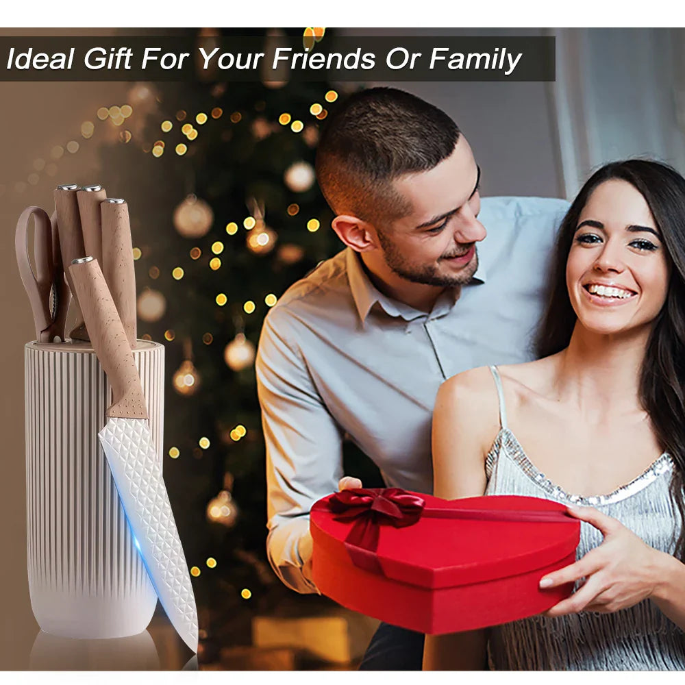 3CR13 Steel Kitchen Knife Set,pp Handle Chef knife Bread Santoku Utility Knife,Scissors,knives holder,beige grey 6pcs Gift box
