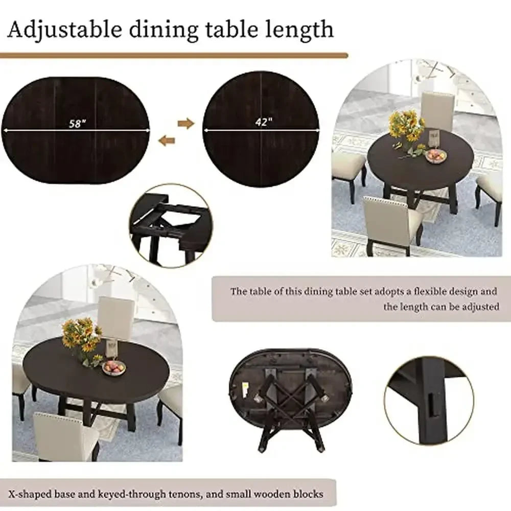 5-Piece Extendable Round Dining Table & Upholstered Chair Set Wood Farmhouse Dining Set Shelf Dining Table Set Temp Adjustable