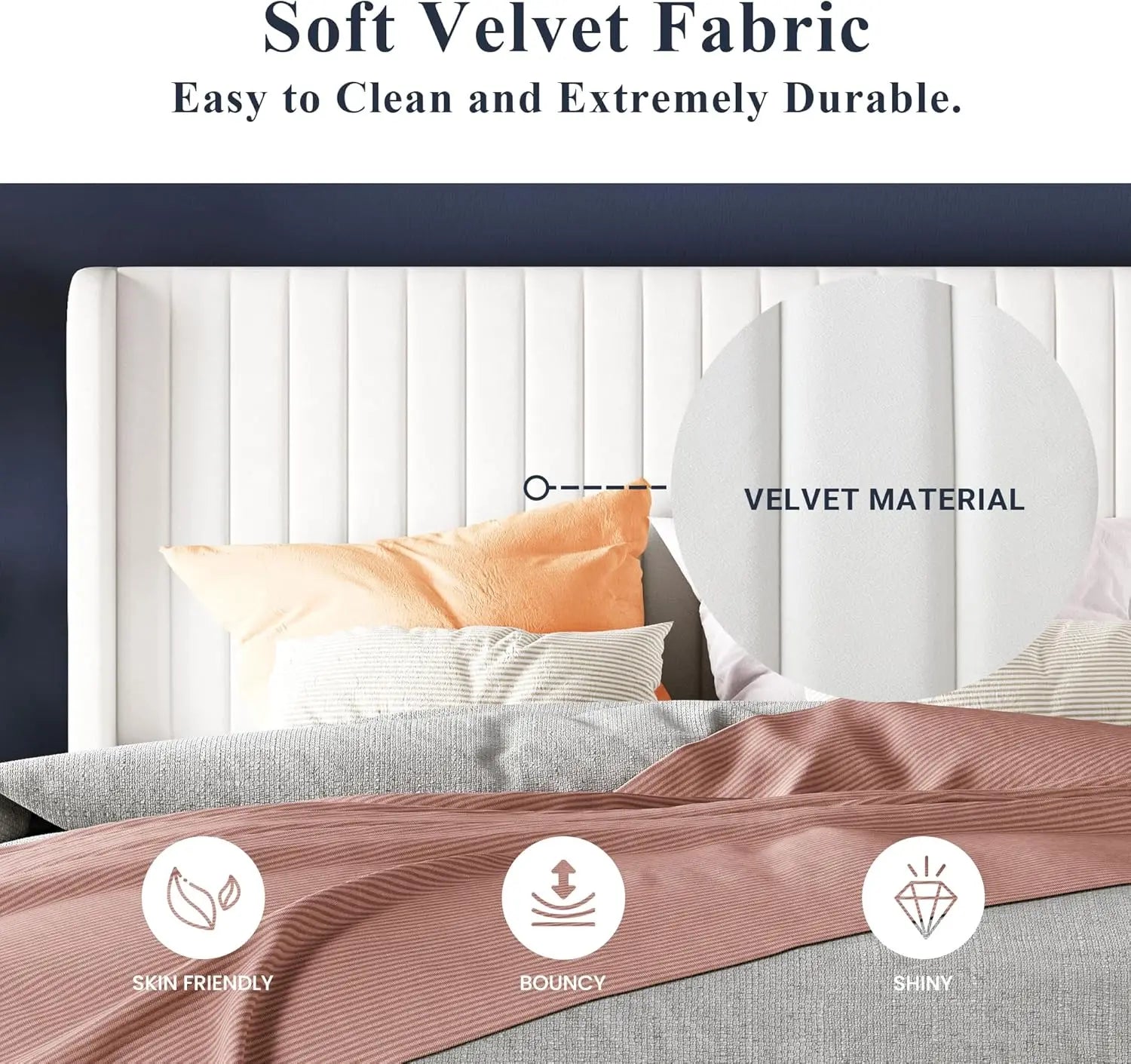 Full Size Velvet Bed Frame/Vertical Channel Tufted Wingback Headboard/Upholstered Platform Bed/Strong Wooden Slats/No Bo
