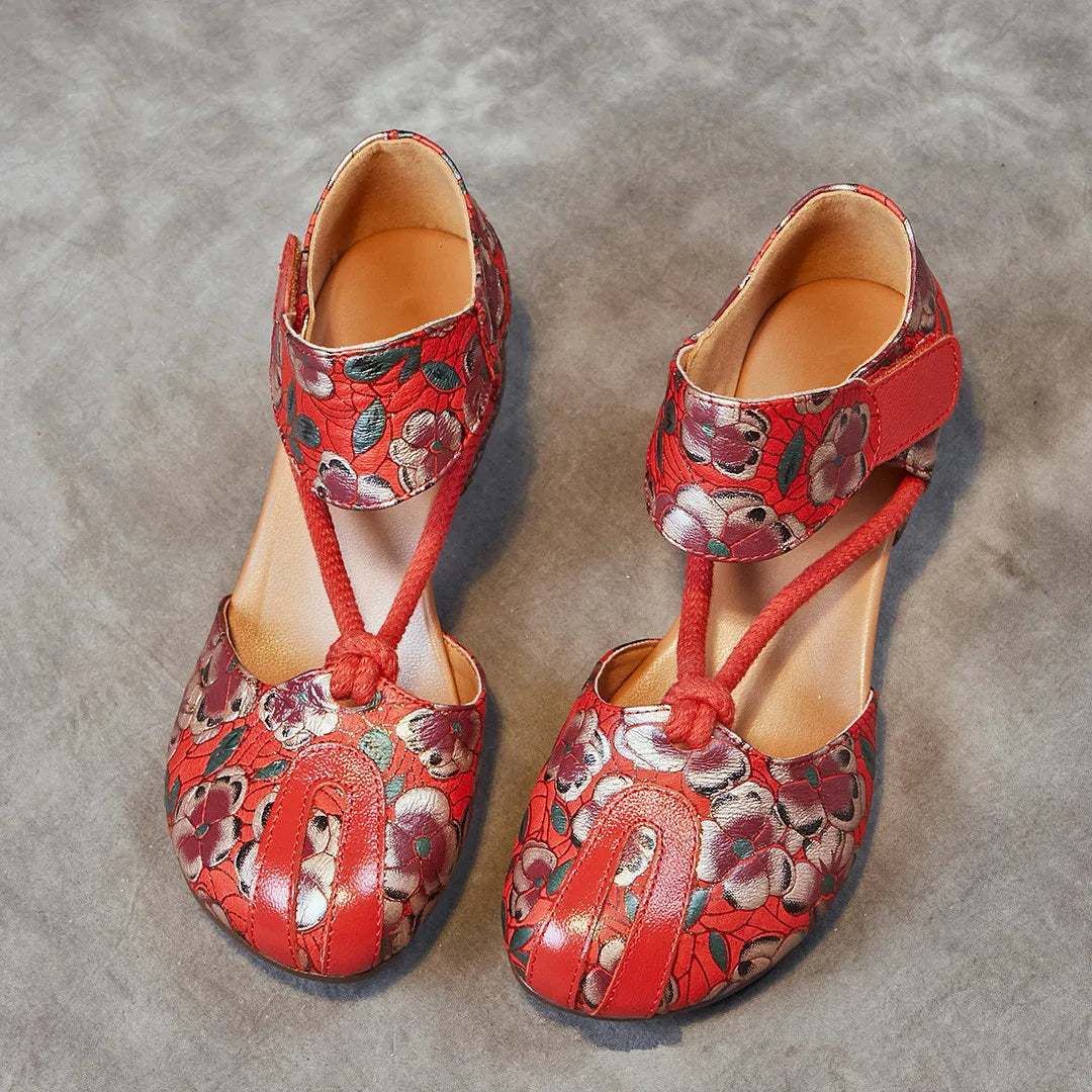 Genuine Leather Embossed Thick Heel Soft Soled Vintage Sandals