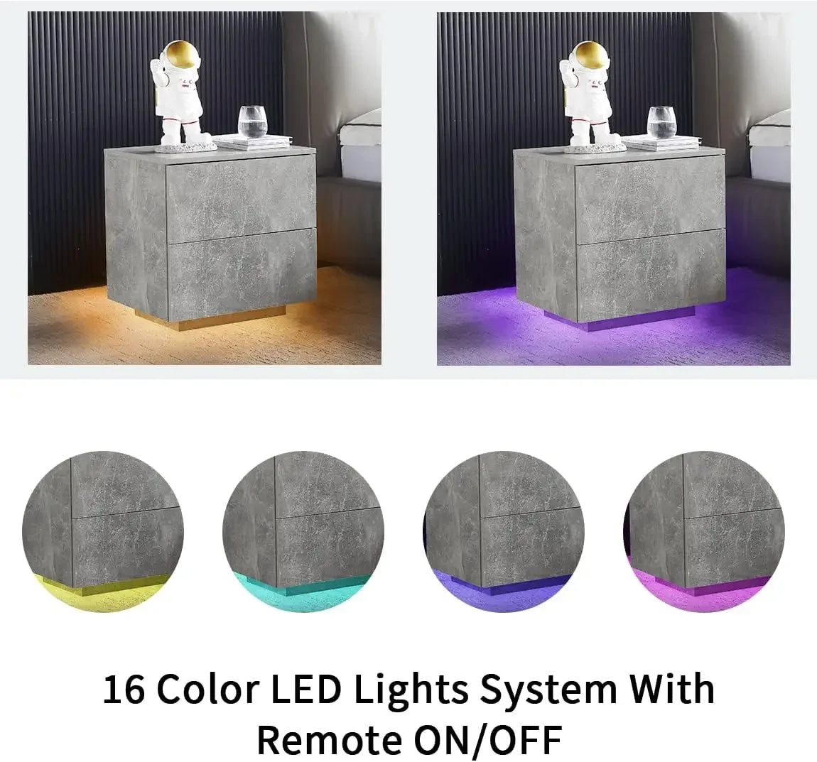 Generic LED NightstandBedside Table with LED Lights for Bedroom Living Room Modern Nightstand with 2Drawers LED Light Nightstand