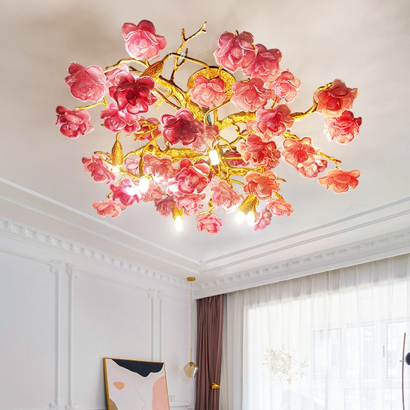 Led Glass Chandelier Living Room Furniture Pendant Light Aesthetic Room Decor Flowers Hanging Lamp Candle Warmer Ceiling