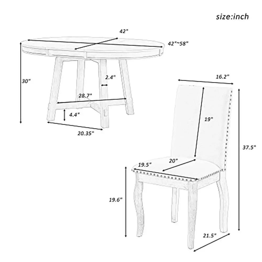 5-Piece Extendable Round Dining Table & Upholstered Chair Set Wood Farmhouse Dining Set Shelf Dining Table Set Temp Adjustable