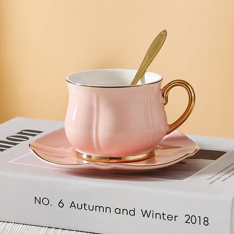 180ml European Espresso Cup Plate Set Light Luxury Gold Handle Ceramic Cup Coffee Cup And Dish Set Afternoon Camellia Tea Cup