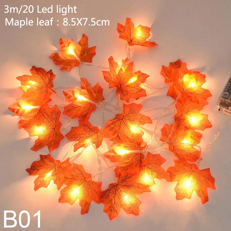 10/20 LED Pumpkin Maple Leaves Light String Fall Garland Battery Powered Indoor Outdoor Garden Halloween Thanksgiving Home Decor