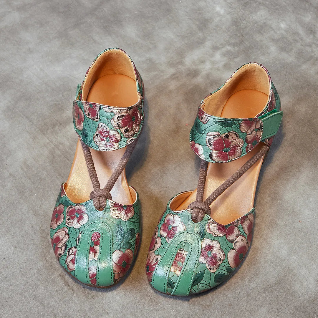 Genuine Leather Embossed Thick Heel Soft Soled Vintage Sandals