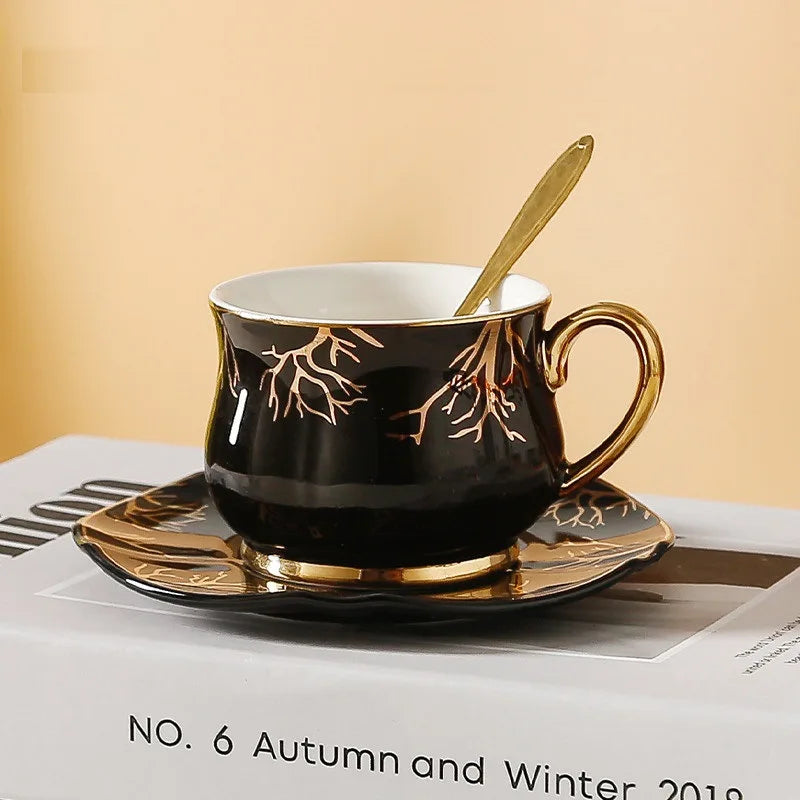 180ml European Espresso Cup Plate Set Light Luxury Gold Handle Ceramic Cup Coffee Cup And Dish Set Afternoon Camellia Tea Cup