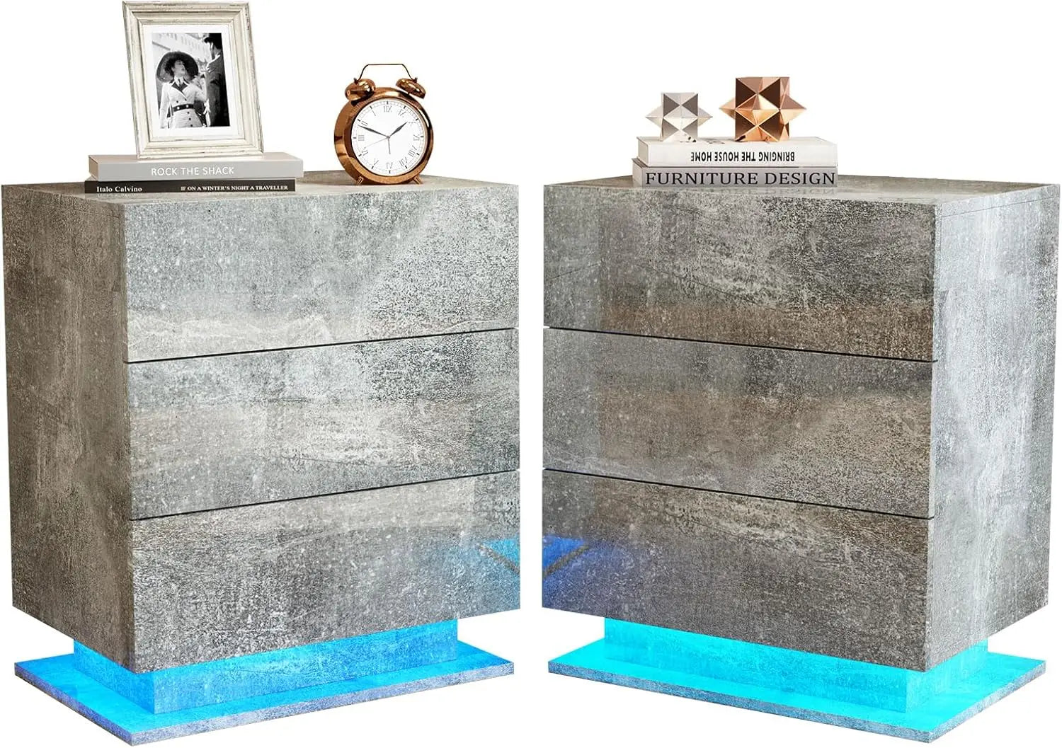 Nightstand Set of 2 LED Nightstand with 3 Drawers,Modern High Gloss Bedside Table