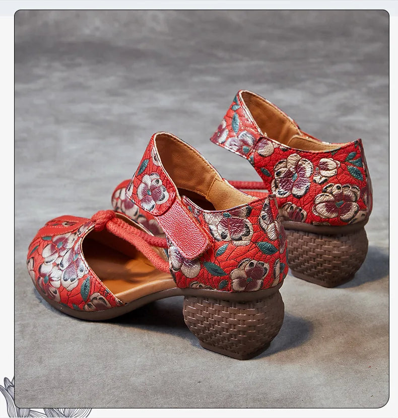 Genuine Leather Embossed Thick Heel Soft Soled Vintage Sandals